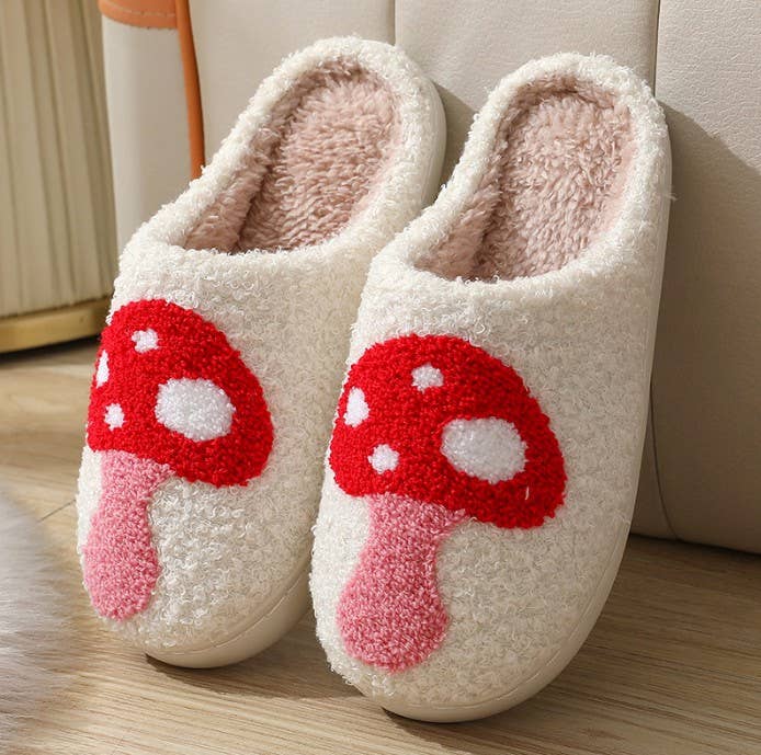 Soft Plush Mushroom Hearts & Rainbow Warm Slippers