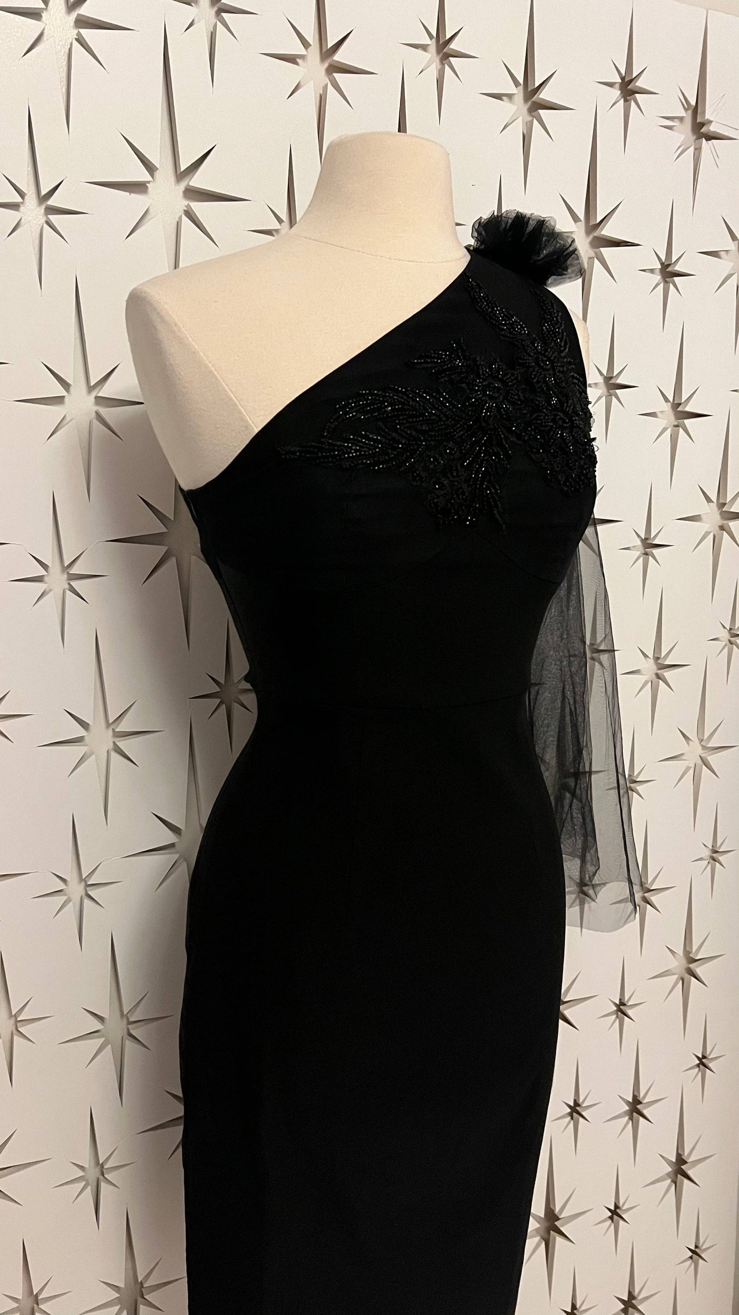 Sabrina Beaded and Tulle Sash Dress in Black