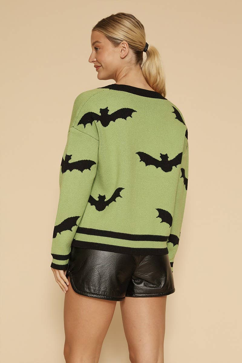 Spooky Print Button Front V-Neckline Cardigan