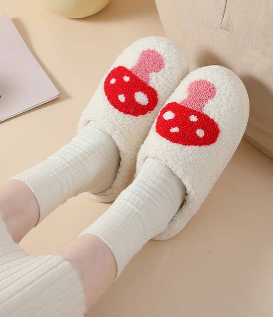 Soft Plush Mushroom Hearts & Rainbow Warm Slippers