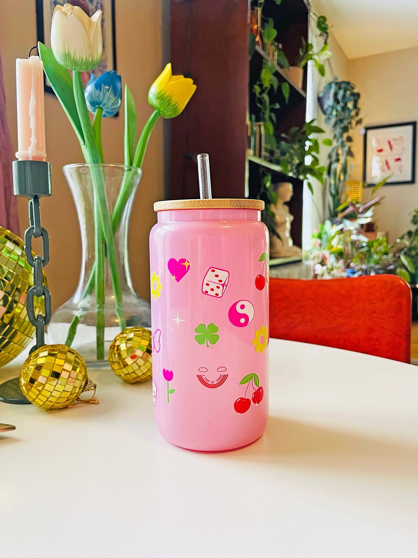 Lucky Charm Pink Glass Tumbler Cup