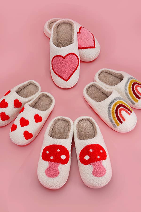 Soft Plush Mushroom Hearts & Rainbow Warm Slippers