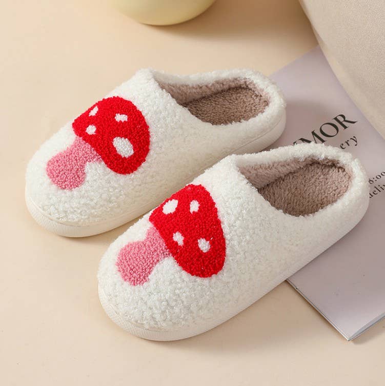 Soft Plush Mushroom Hearts & Rainbow Warm Slippers