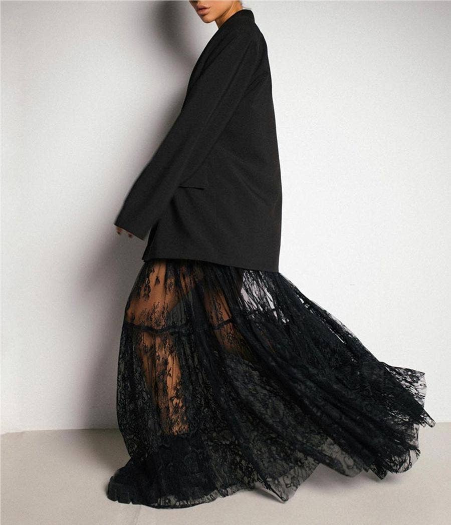 Gothic Mesh Lace High Waist Bustier Maxi Skirt