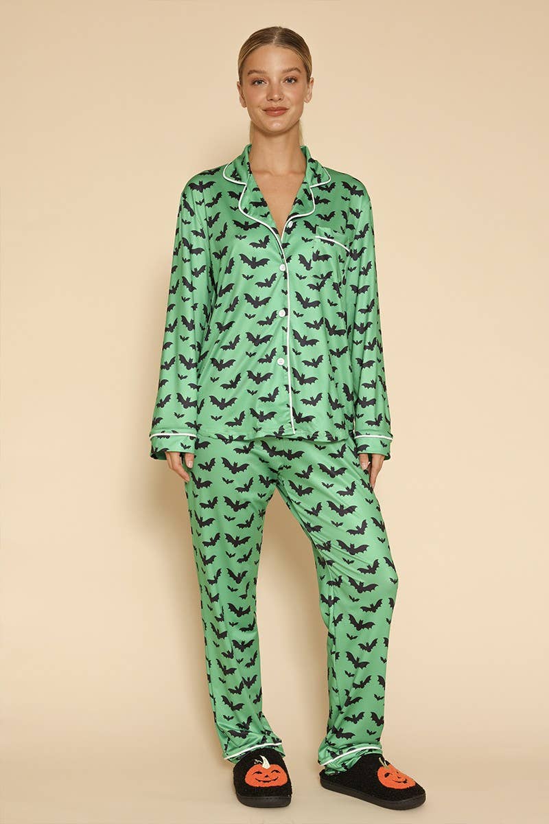 Green & Black Bats Halloween Two Piece Pajama Set