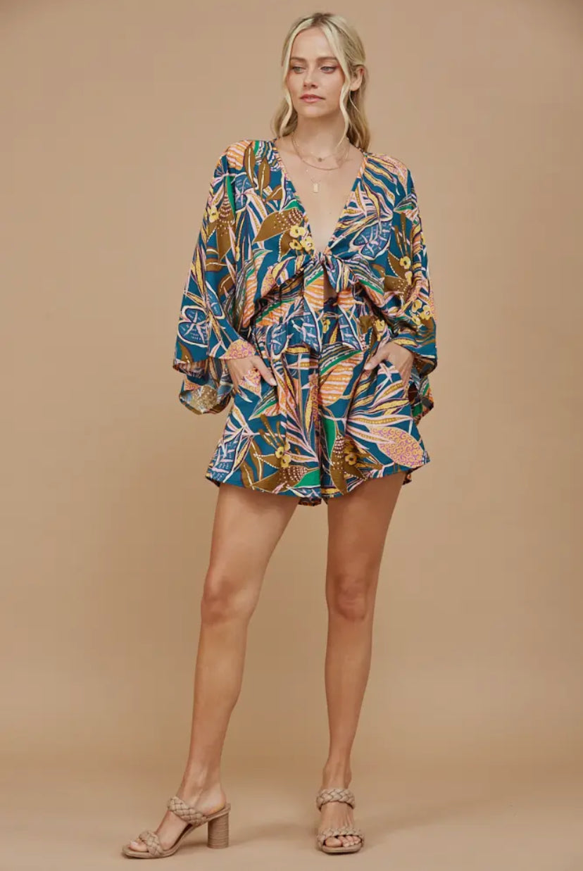 Batwing Sleeved Blue Tropical Romper