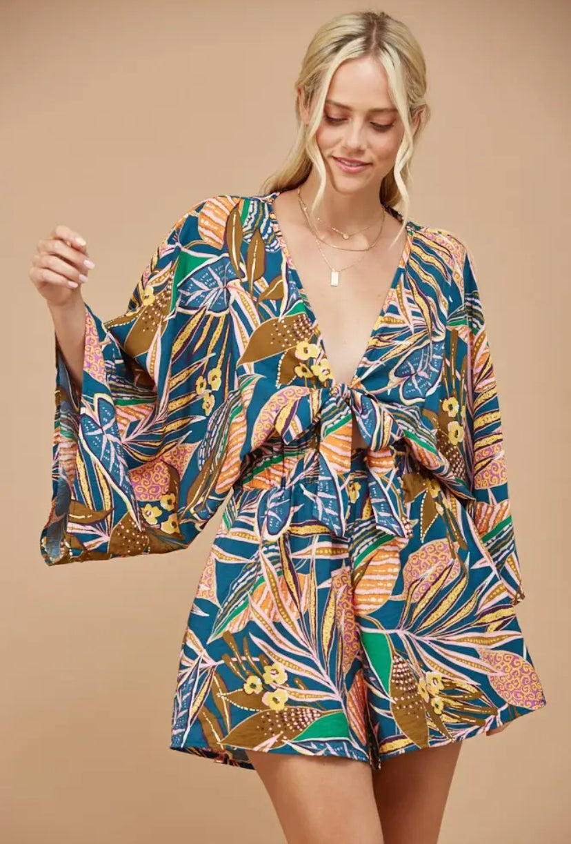 Batwing Sleeved Blue Tropical Romper