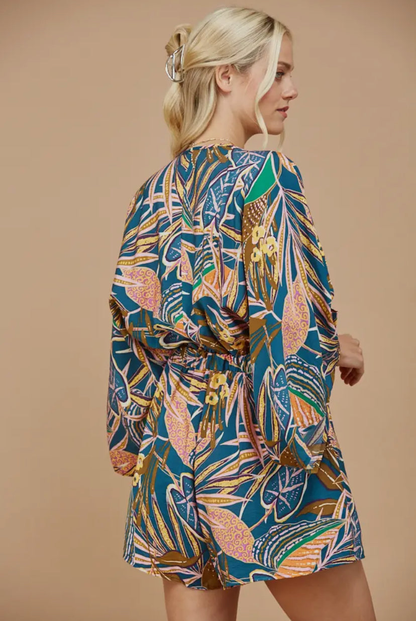 Batwing Sleeved Blue Tropical Romper