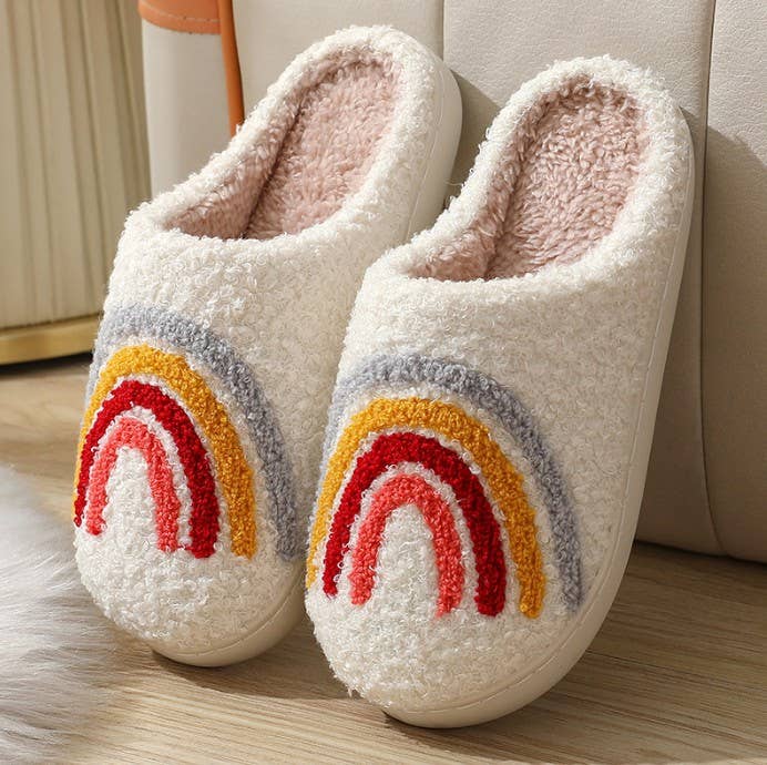 Soft Plush Mushroom Hearts & Rainbow Warm Slippers