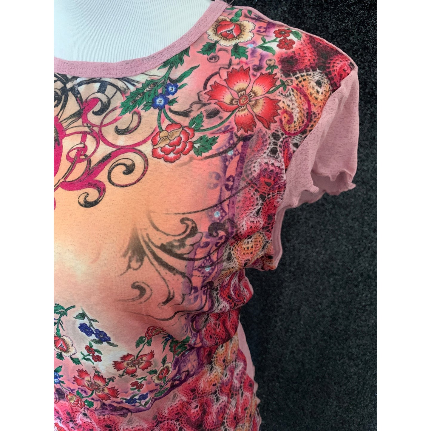 Y2K 2000s Pink Floral Mesh Short Sleeve Shirt