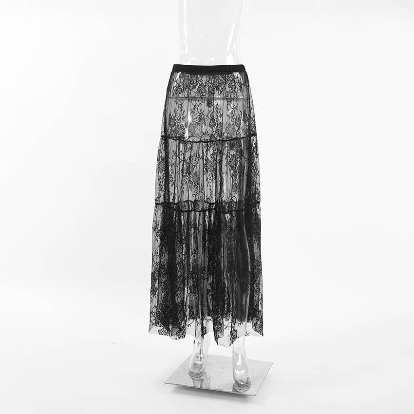 Gothic Mesh Lace High Waist Bustier Maxi Skirt
