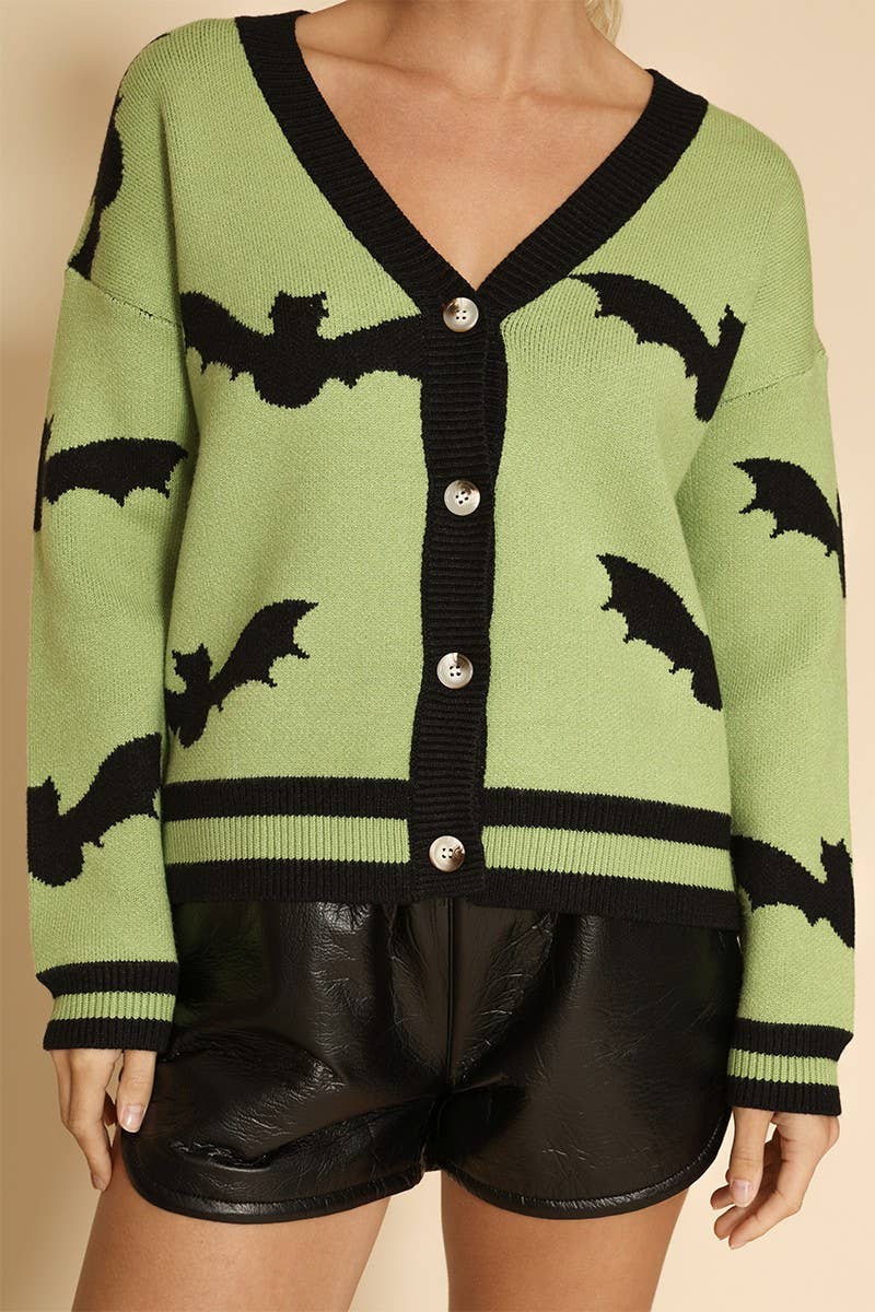 Spooky Print Button Front V-Neckline Cardigan