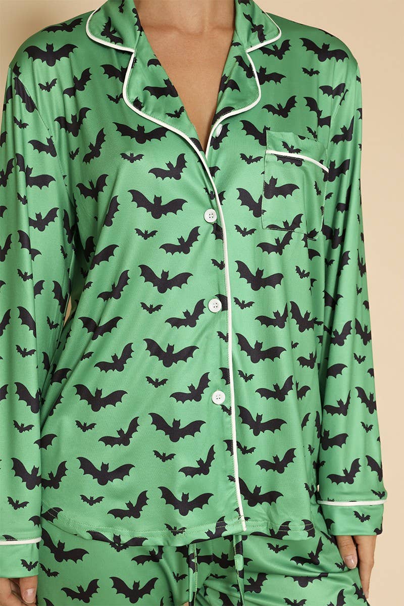 Green & Black Bats Halloween Two Piece Pajama Set