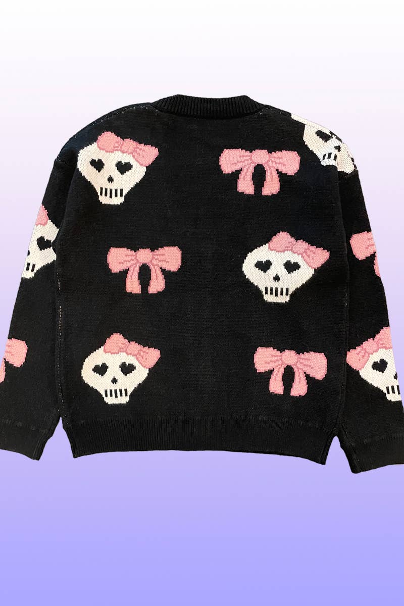 Black Skull & Bow Button Front V - Neckline Cardigan - Homeward Bound Goods