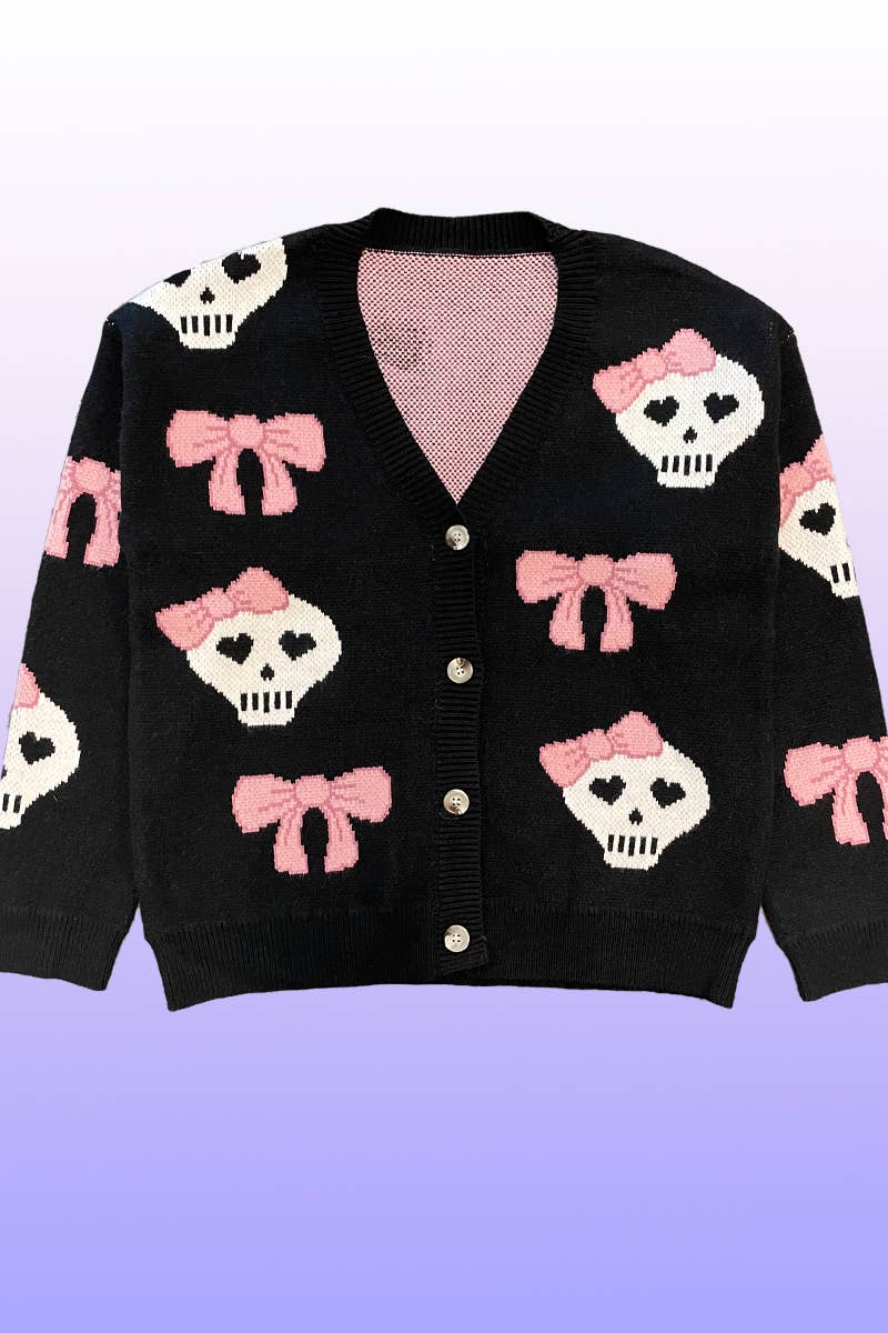 Black Skull & Bow Button Front V - Neckline Cardigan - Homeward Bound Goods