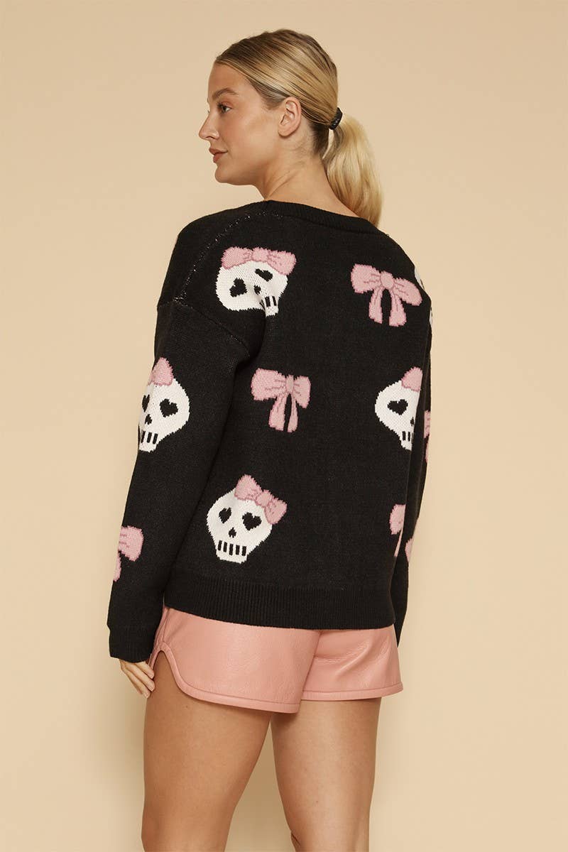 Black Skull & Bow Button Front V - Neckline Cardigan - Homeward Bound Goods