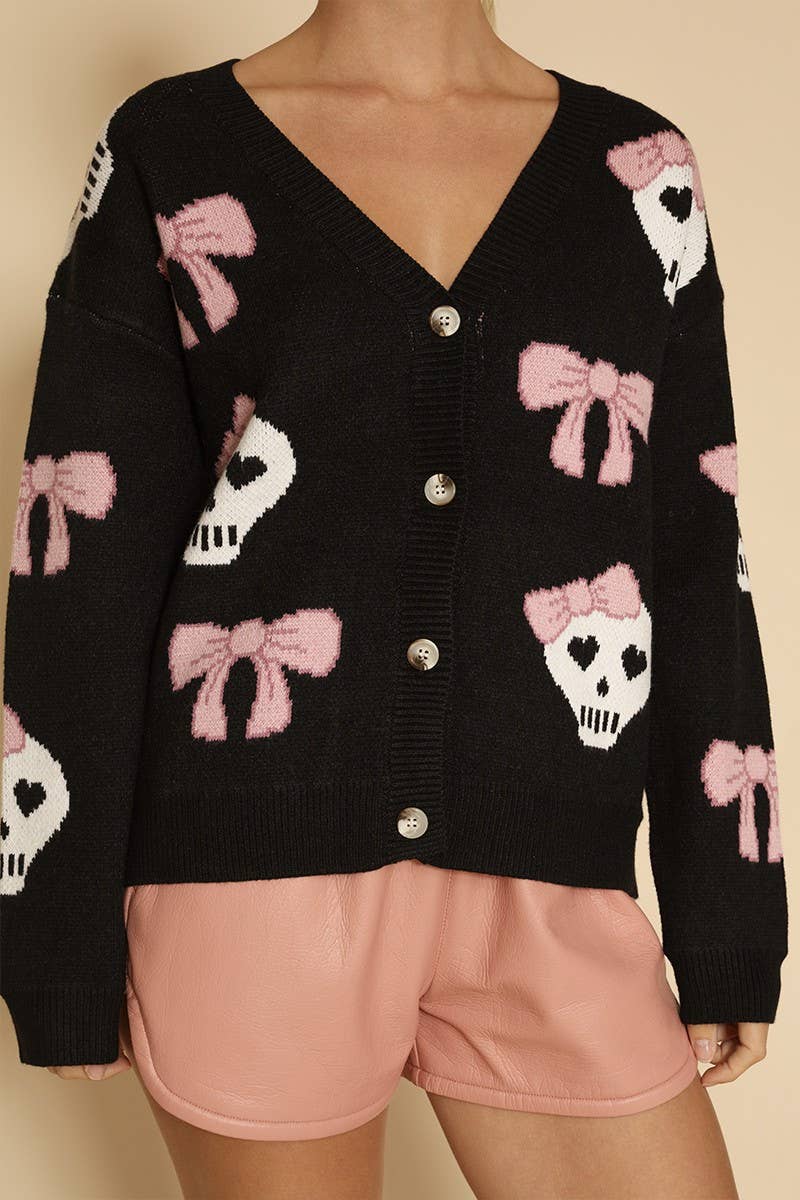 Black Skull & Bow Button Front V - Neckline Cardigan - Homeward Bound Goods