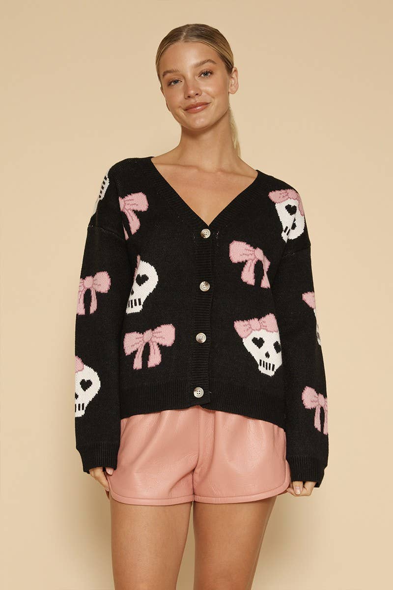 Black Skull & Bow Button Front V - Neckline Cardigan - Homeward Bound Goods