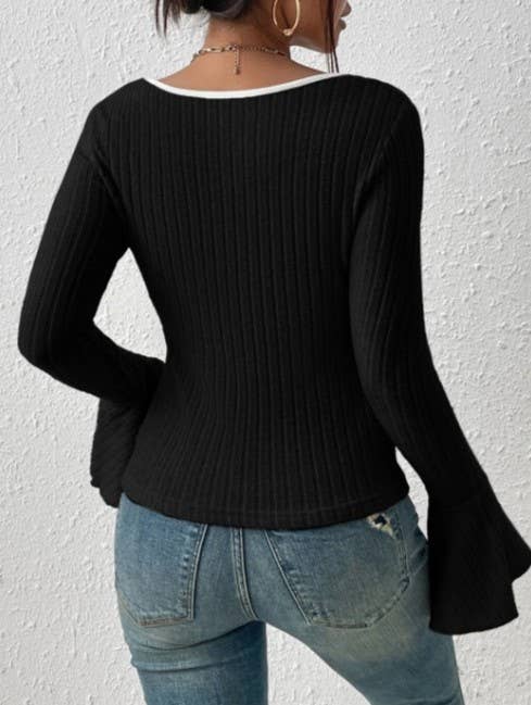 Black & White Trim Square - Neckline Flared Long - Sleeved Top - Homeward Bound Goods
