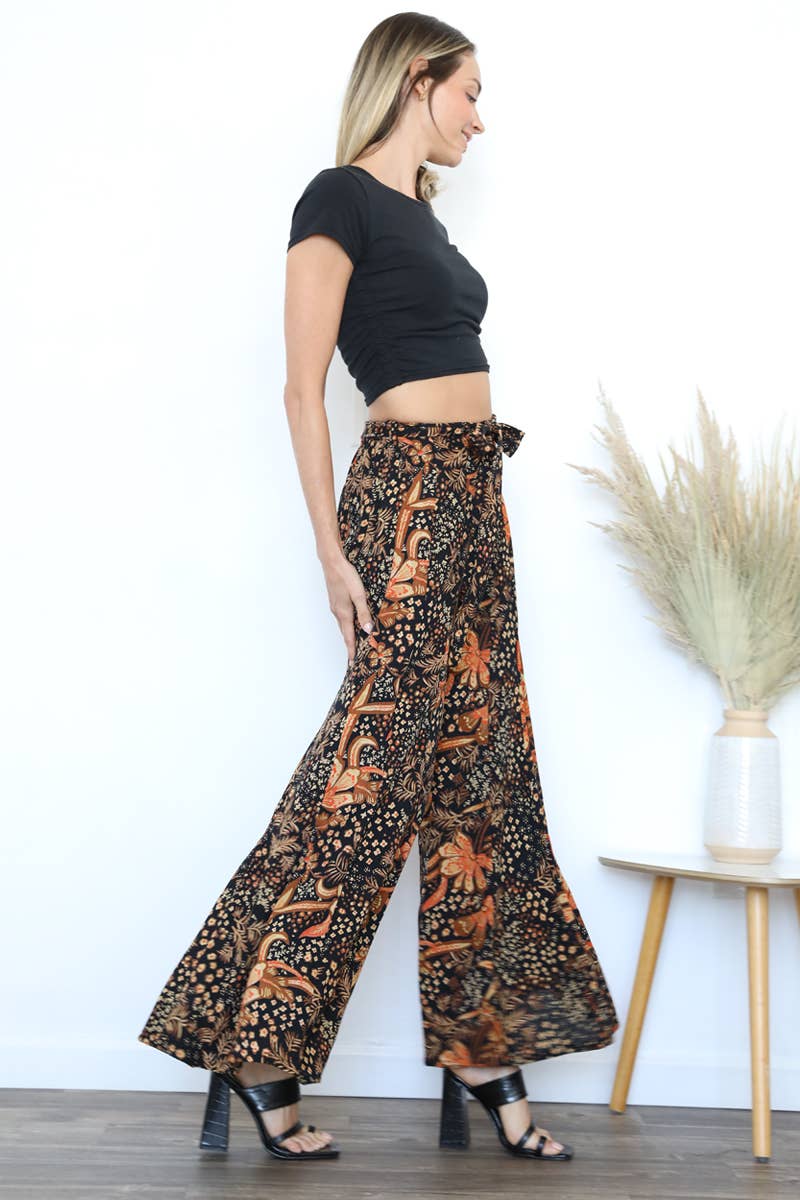 Boho Floral Print Black & Burnt Orange Flare Pants - Homeward Bound Goods