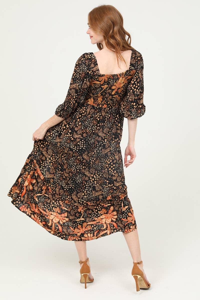 Boho Floral Print Black & Burnt Orange Twist Front Maxi Dress - Homeward Bound Goods