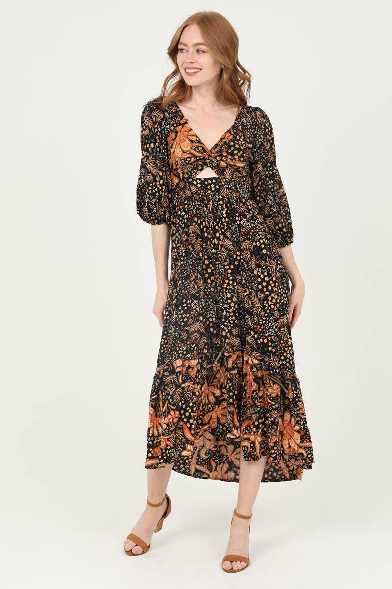 Boho Floral Print Black & Burnt Orange Twist Front Maxi Dress - Homeward Bound Goods