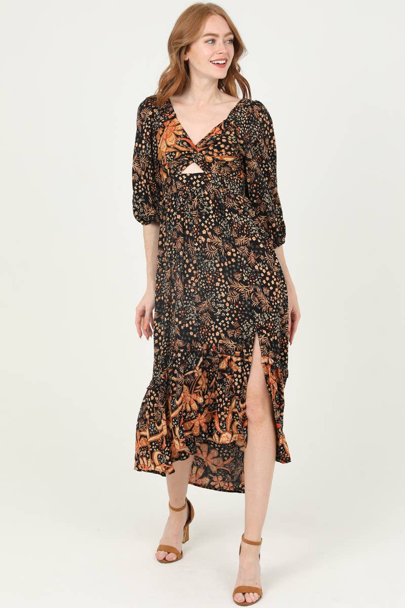 Boho Floral Print Black & Burnt Orange Twist Front Maxi Dress - Homeward Bound Goods