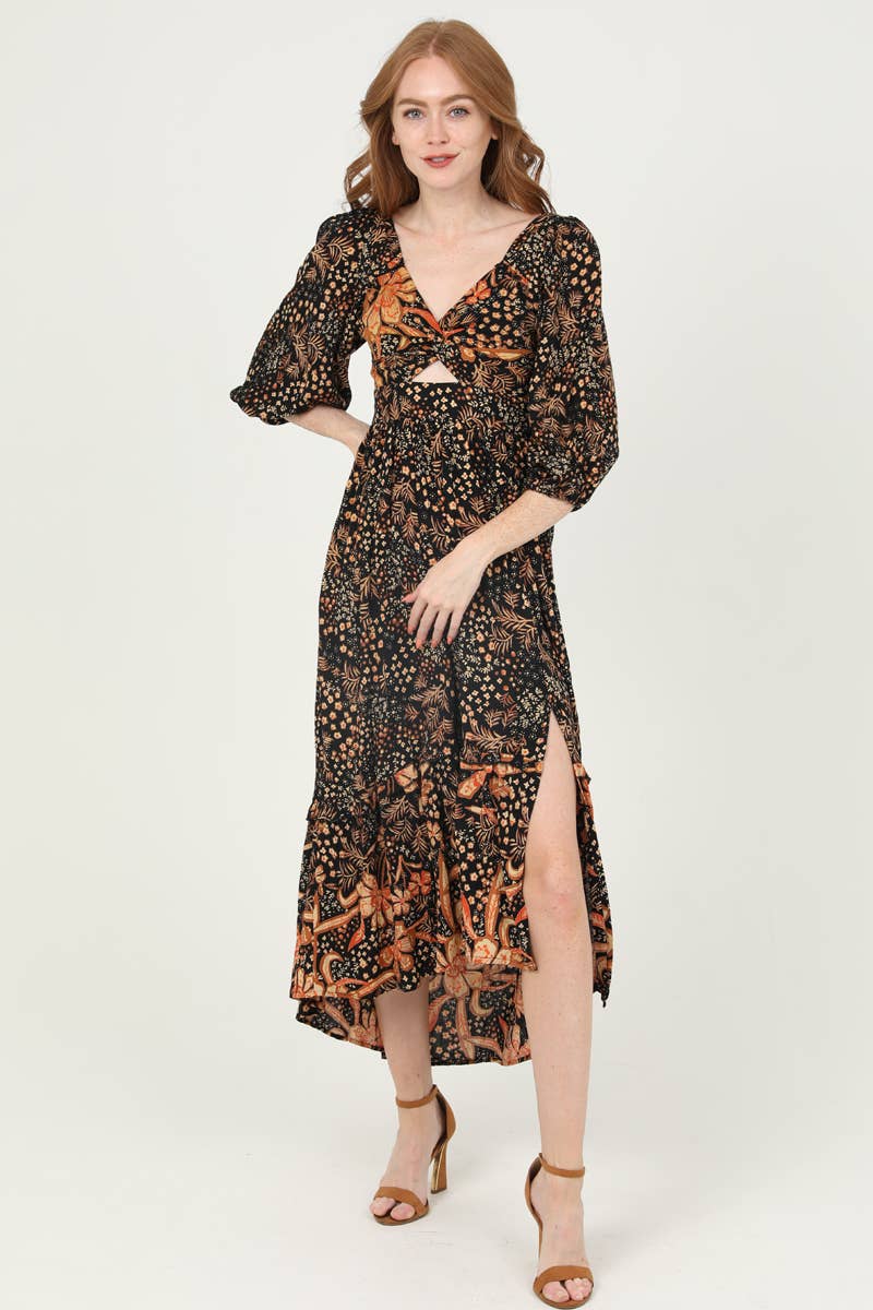 Boho Floral Print Black & Burnt Orange Twist Front Maxi Dress - Homeward Bound Goods