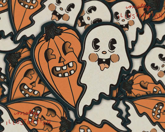 Spooky Pals Ghost and Pumpkin Heart Sticker