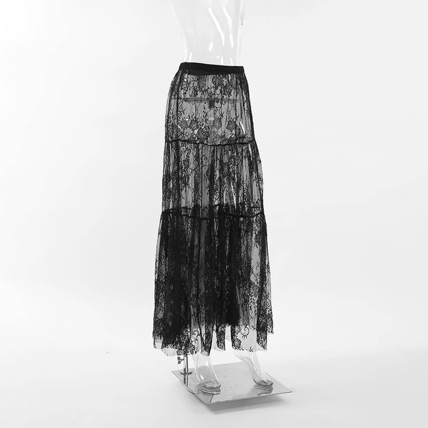 Gothic Mesh Lace High Waist Bustier Maxi Skirt