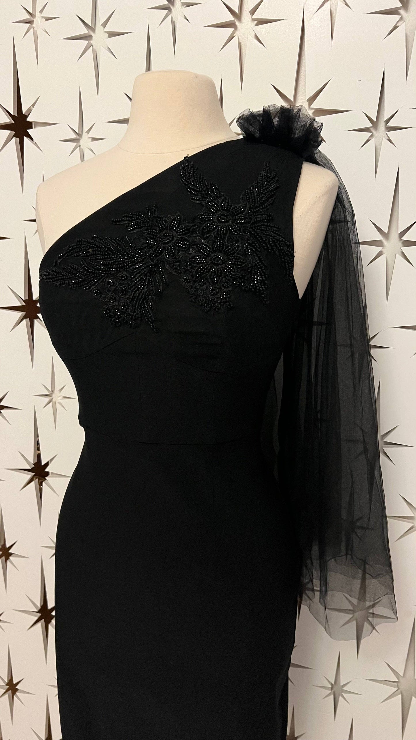 Sabrina Beaded and Tulle Sash Dress in Black