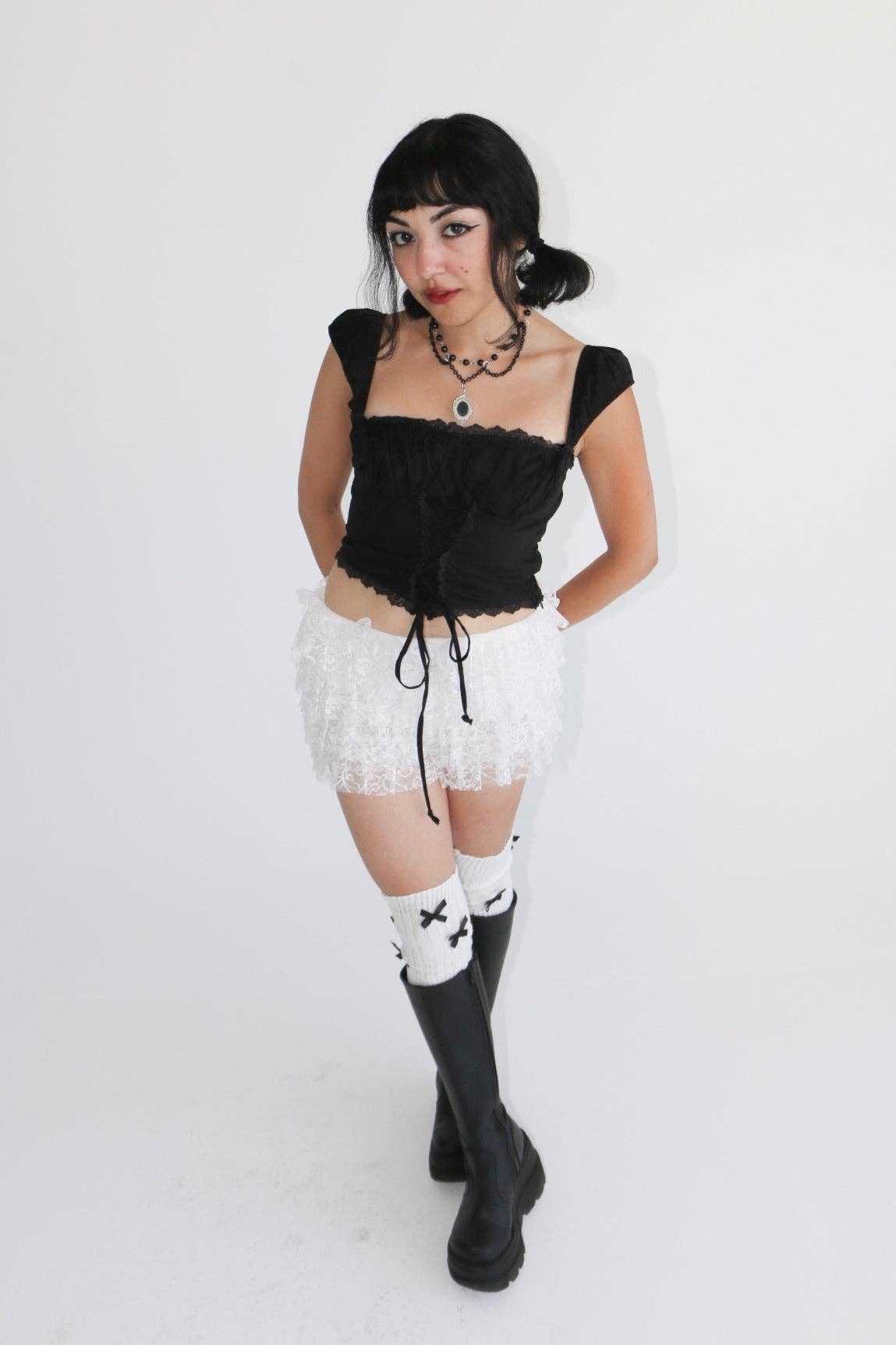 Romantic Goth Black Lace-Up Square Neck Top