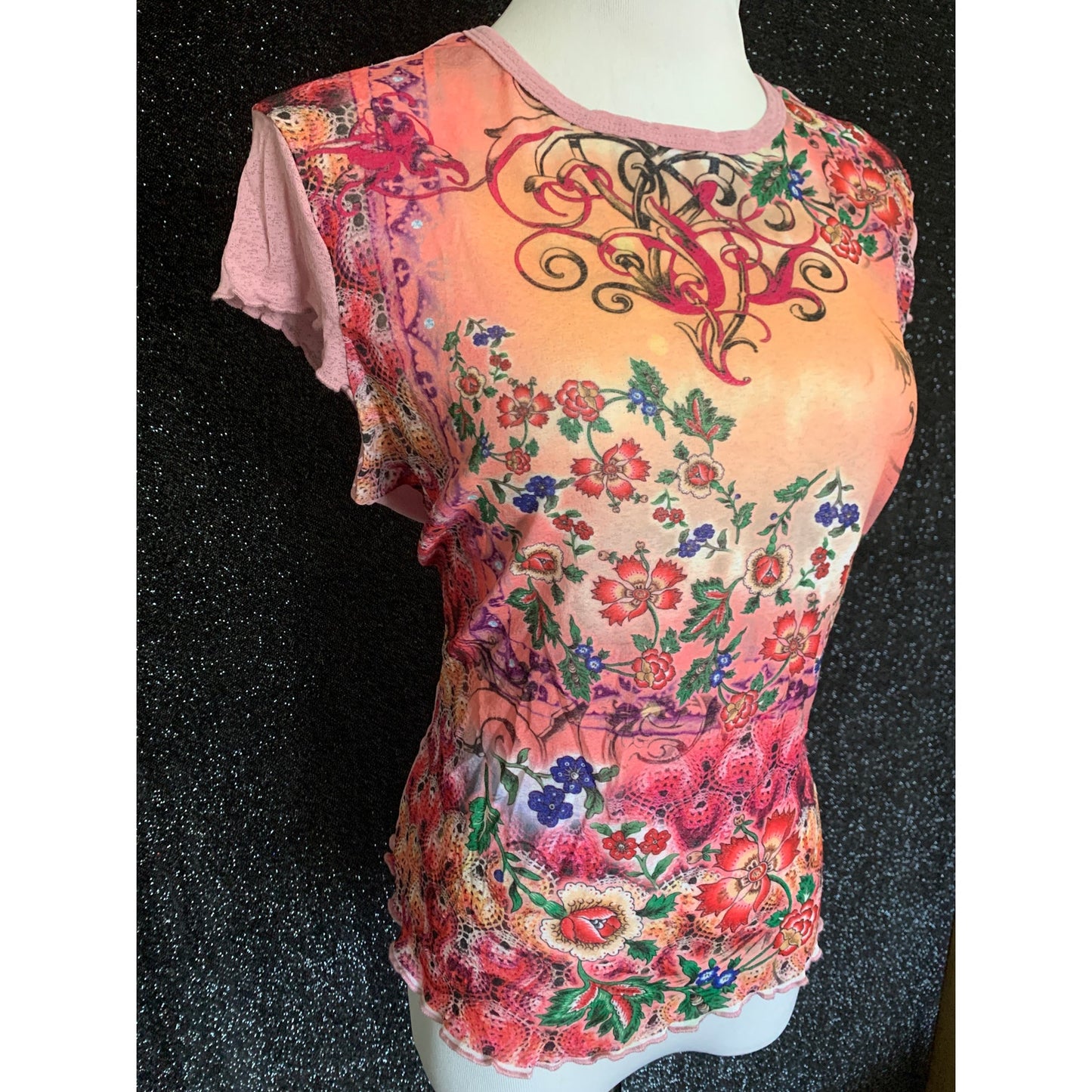 Y2K 2000s Pink Floral Mesh Short Sleeve Shirt