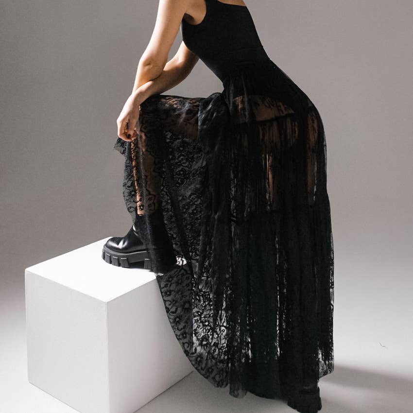 Gothic Mesh Lace High Waist Bustier Maxi Skirt