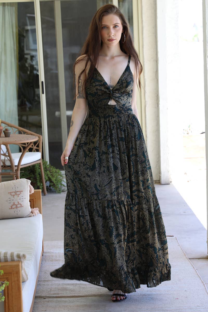 Dark Forest Green & Gold Metallic Burnout Twist Front Maxi Dress - Homeward Bound Goods