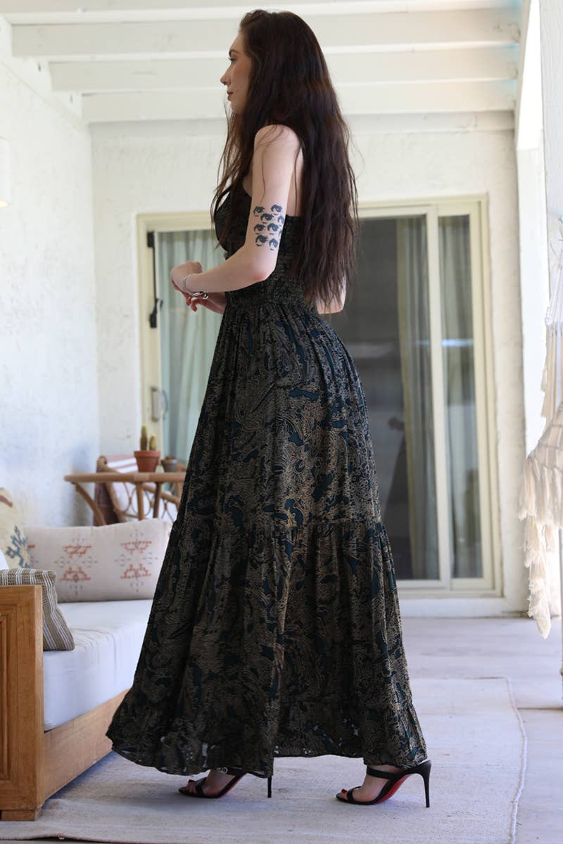 Dark Forest Green & Gold Metallic Burnout Twist Front Maxi Dress - Homeward Bound Goods