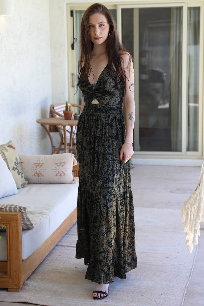 Dark Forest Green & Gold Metallic Burnout Twist Front Maxi Dress - Homeward Bound Goods