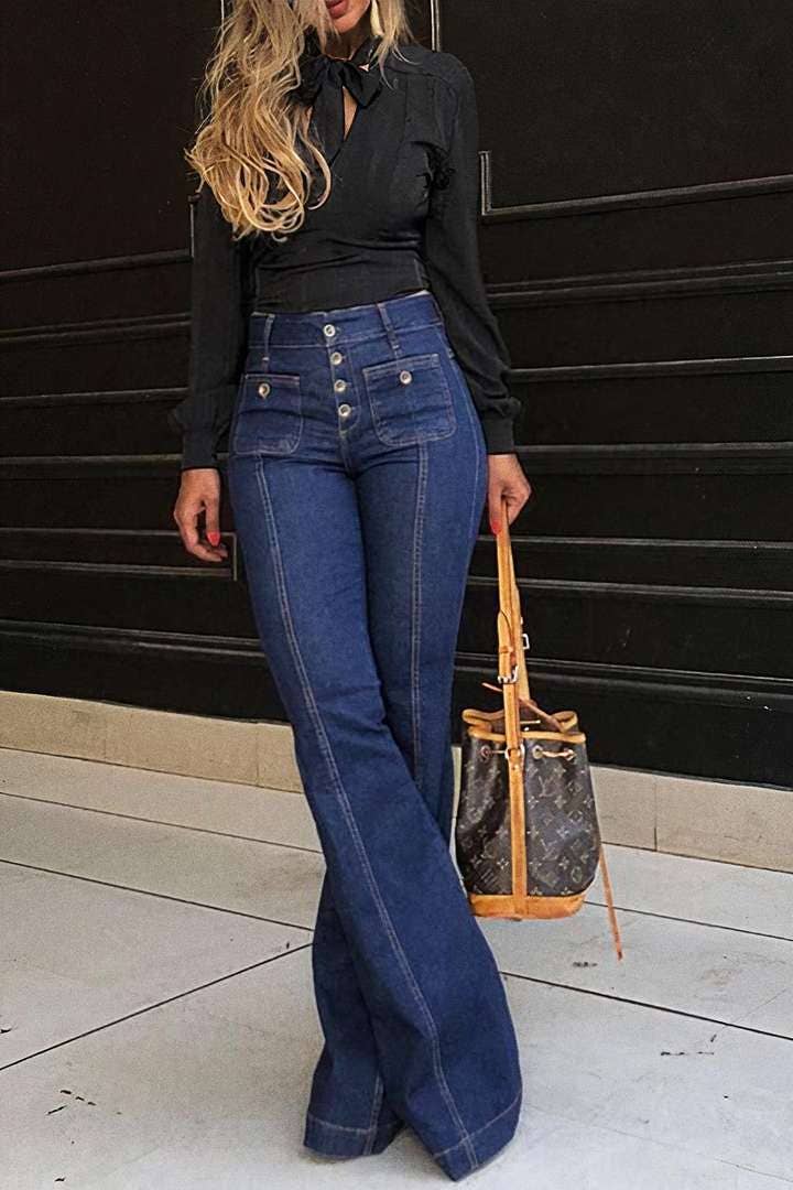 Dark Wash Fly Button High Rise Flared Jeans - Homeward Bound Goods