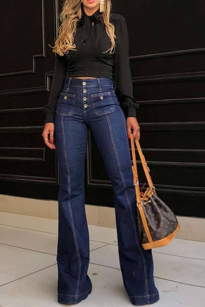 Dark Wash Fly Button High Rise Flared Jeans - Homeward Bound Goods