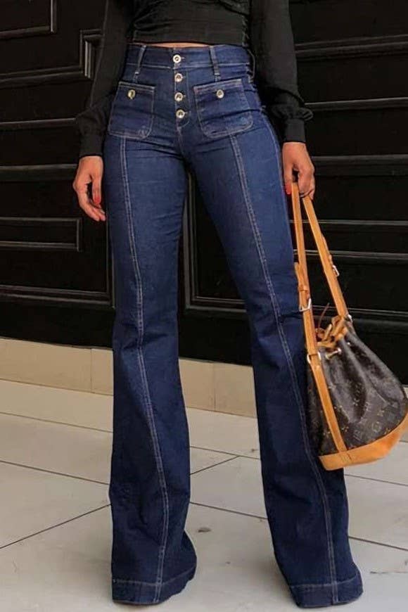Dark Wash Fly Button High Rise Flared Jeans - Homeward Bound Goods