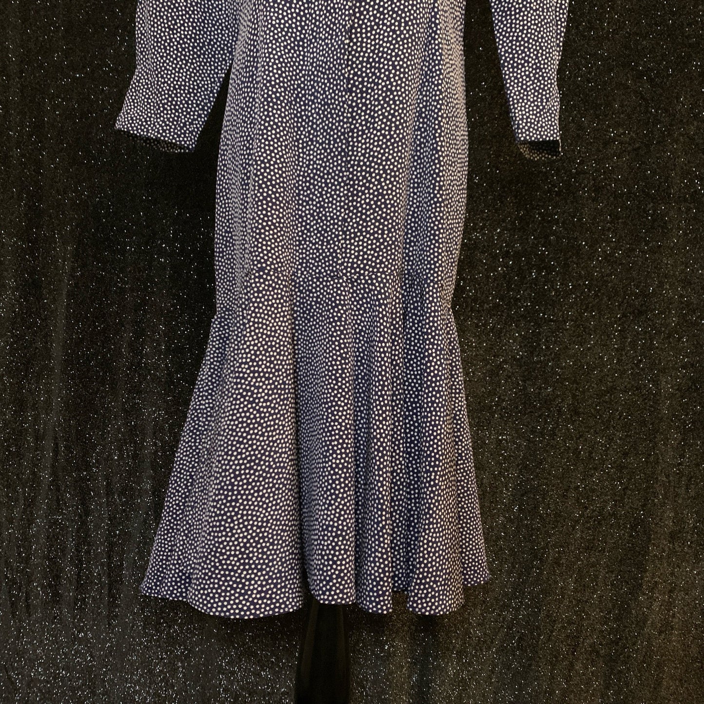 Navy Blue Polka Dot 80s Ruffle Hem Midi Dress
