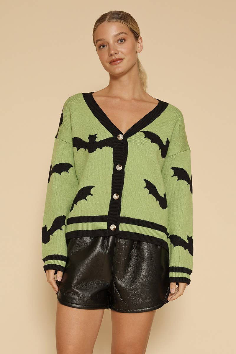 Spooky Print Button Front V-Neckline Cardigan