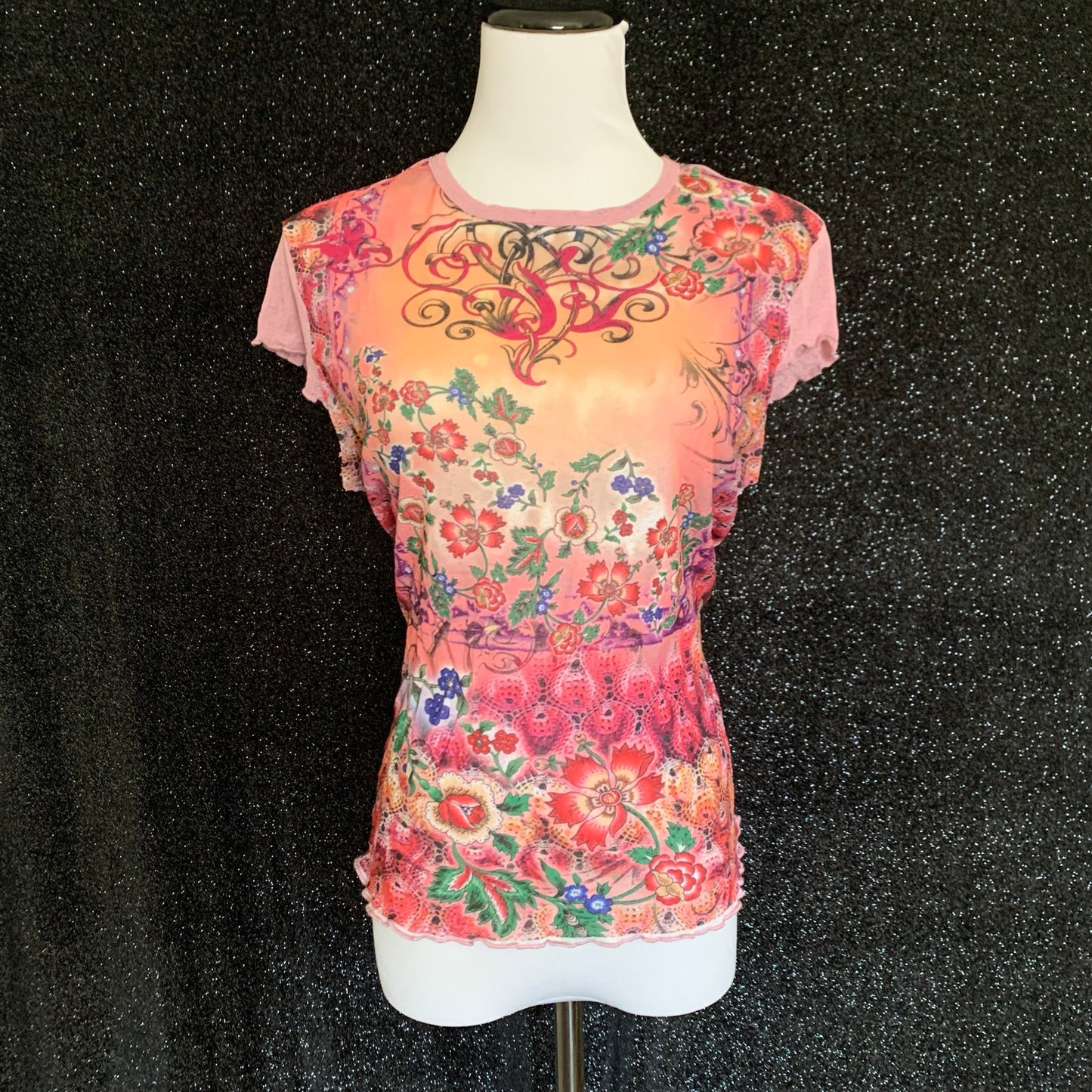 Y2K 2000s Pink Floral Mesh Short Sleeve Shirt