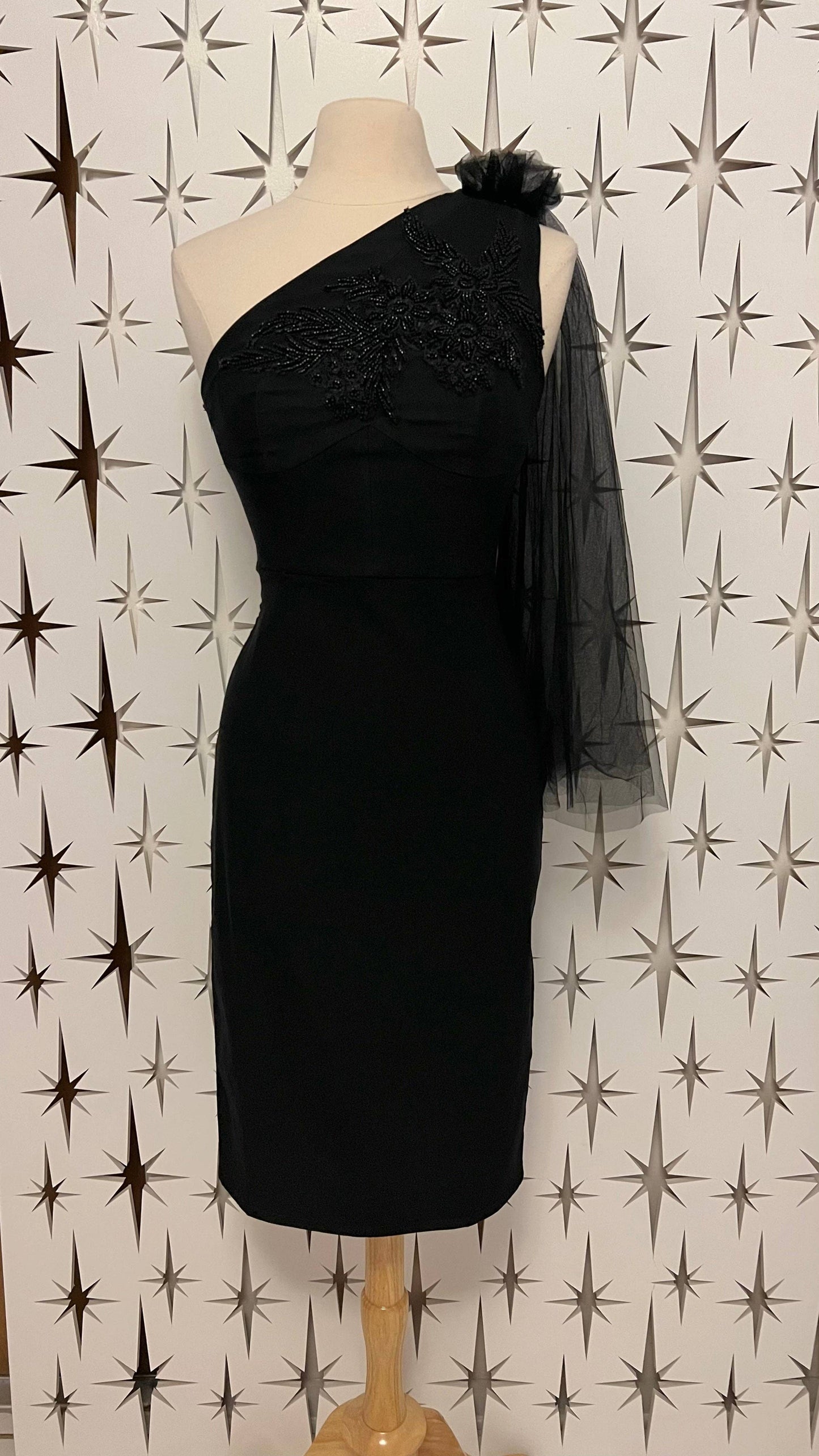 Sabrina Beaded and Tulle Sash Dress in Black