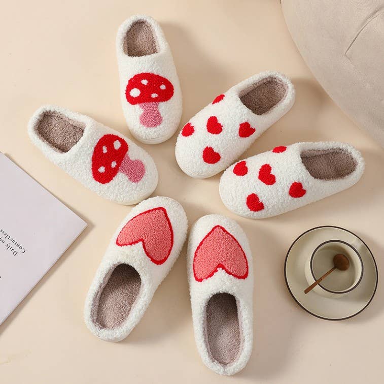 Soft Plush Mushroom Hearts & Rainbow Warm Slippers