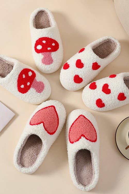 Soft Plush Mushroom Hearts & Rainbow Warm Slippers