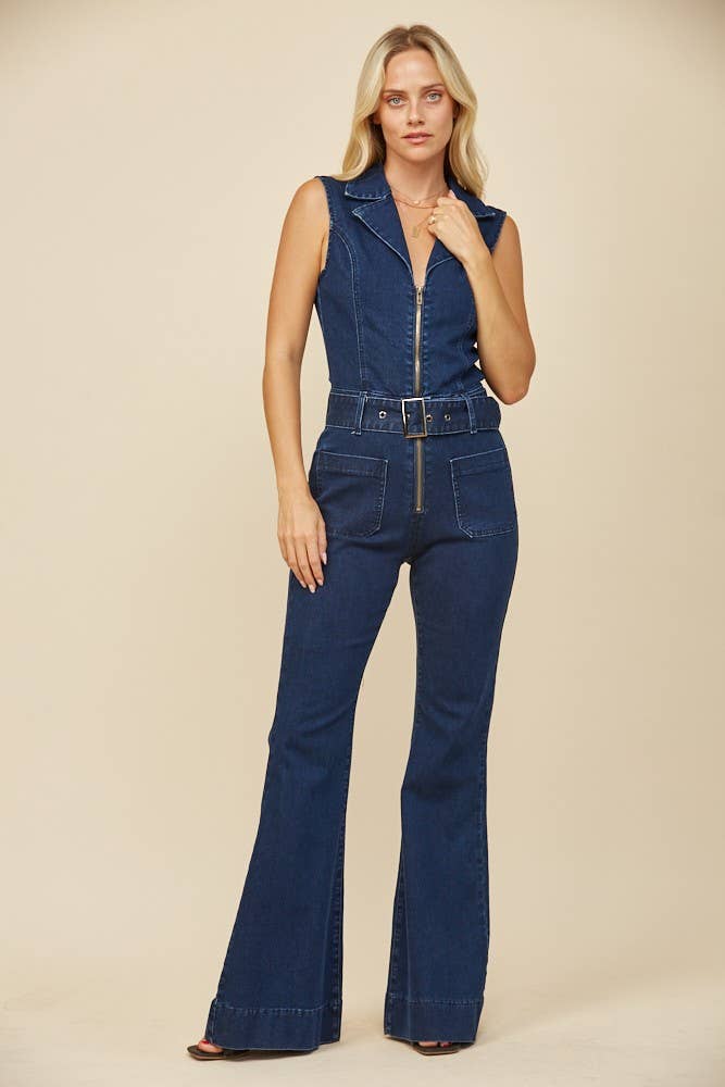 Retro Sleeveless Long Denim Belted Jumpsuit